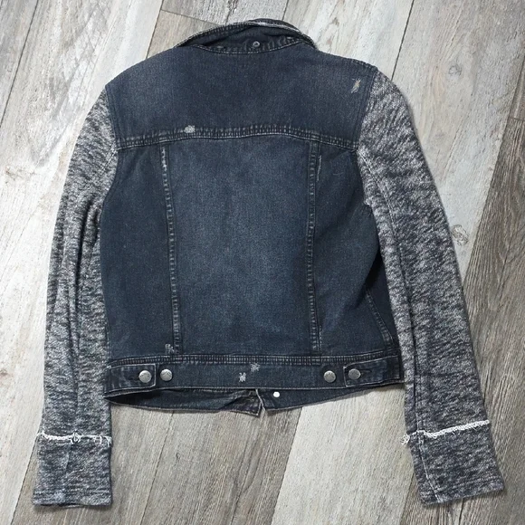 Free People | Hooded Denim Mixed Media Jacket with Removable Hood Sz Md - Picture 8 of 8